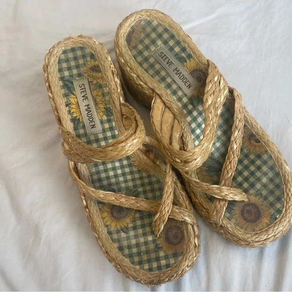 Y2K Steve Madden Chunky Platform Heels Sandals Woven Natural Fiber 6.5 - Picture 3 of 9